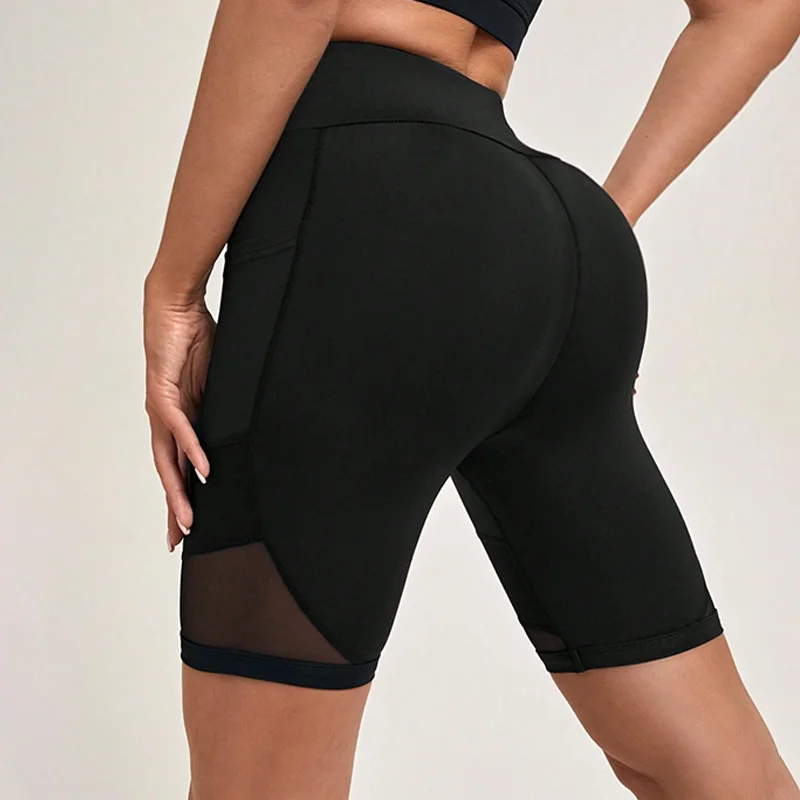 High Waist Mesh Yoga Shorts with Pockets Shorts for Women Tummy Control Workout Shorts for Women