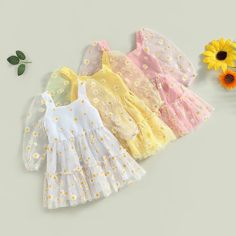 0-3Y Baby Girls Princess Lace Dress Baby Girl Elegant Daisy Print Long Sleeves Mesh Tulle Party Dresses Clothes