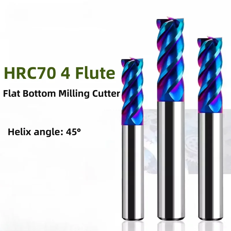 HRC70 4 Flutes Milling Cutter Tungsten Carbide Blue Nano Coating Flat End Mill Stainless Steel CNC Machining Tool