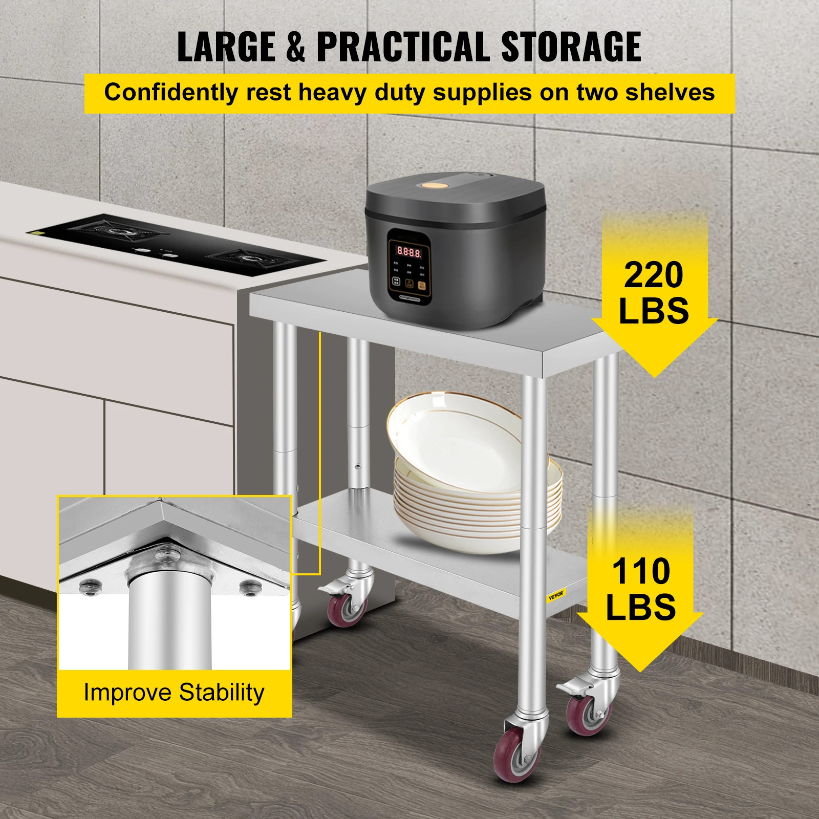 VEVOR Mesa de Preparación de Comida de Acero Inoxidable 76,2 x 30,5 x 86,4cm Tabla de Cocina Profesional Capacidad de Carga 100kg Tabla de Trabajo de Cocina Catering Ajustable para Restaurante Escuela