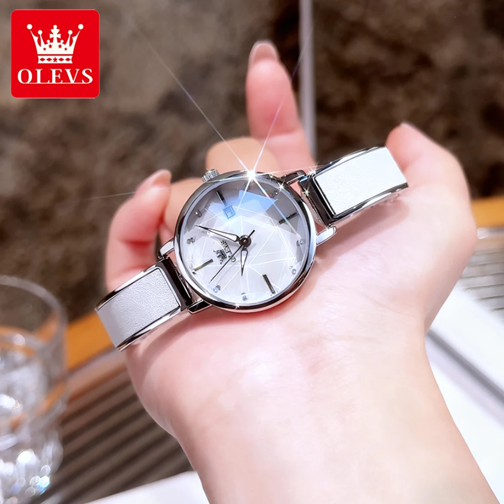 OLEVS Luxury Women's Watches Fashion Dress Rhombus Mirror Waterproof Original Stainless Steel Quartz Wristwatch Luminous Date