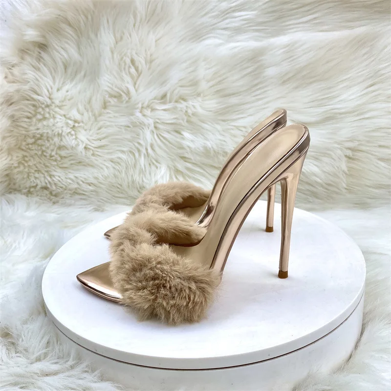 New Novelty Design 12cm Sexy Fur Gold Woman Outdoor Slipper High Heels Sandal Stilettos OL Work Ladies Party Club Dress Shoes