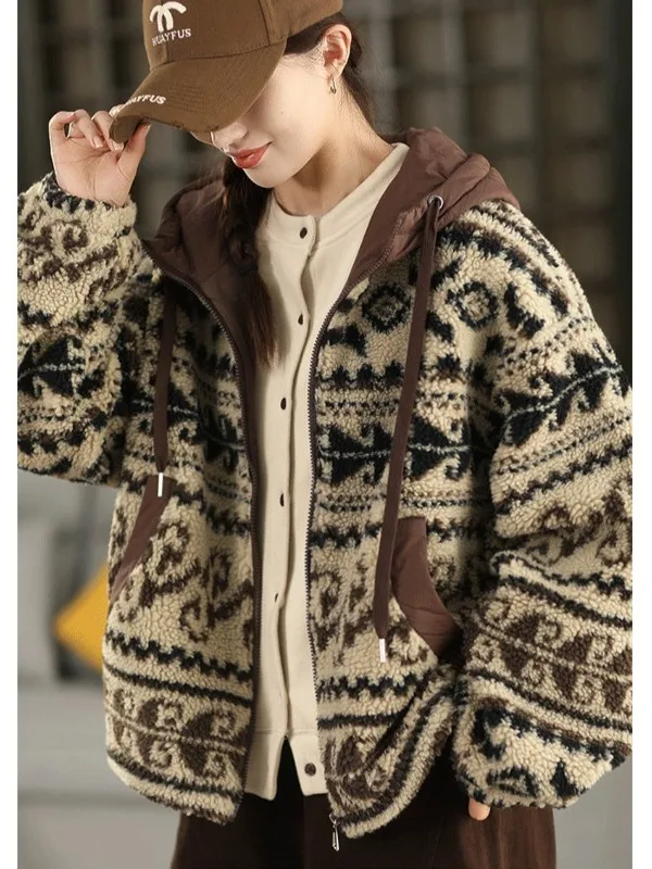 

Retro Women's Thiened Cotton Jaet Coat with Hood Loose Fit Autumn Winter New Sle Warm Color Blo Open Cardigan Cotton ...