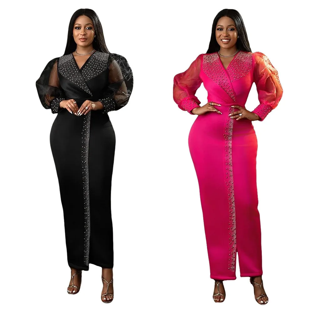 

Sexy Nightclub Party Dance Gathering Club Banquet Rhinestone Puff Sleeve Stretch V-Neck Long Dress