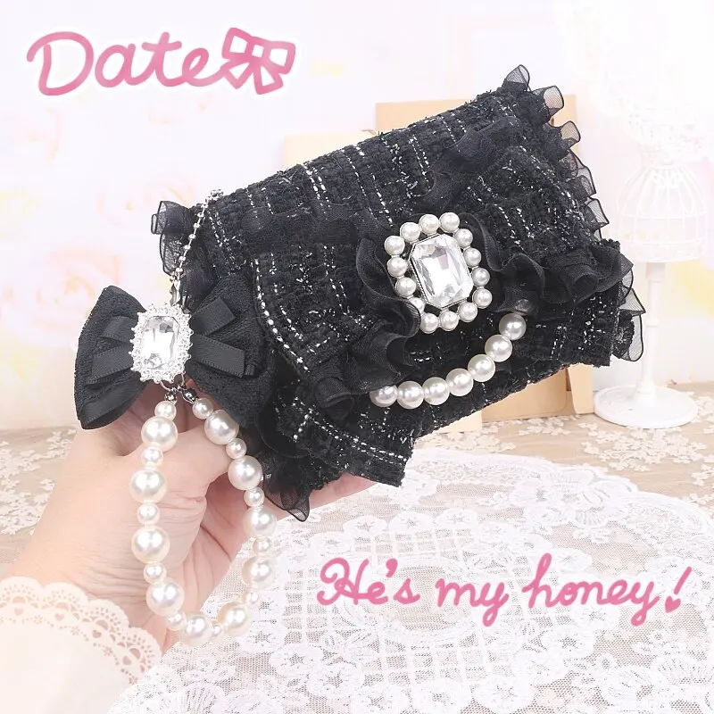 Japanese Original Lolita Sweet Cute Lace Trim Clutch Heavy Rhinestone Bow Wallet