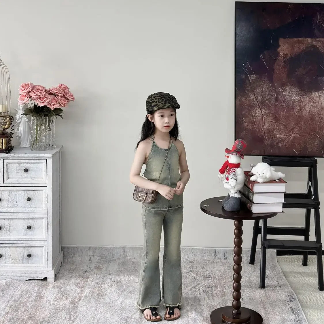 

Girls Suit 2025 Summer New Childrens Clothing Girl Baby Retro Elastic Neck Backless Denjean Blouse Bell-bottom Pants Two-piece