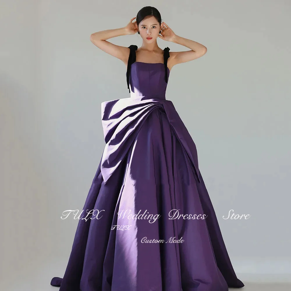 TULX Square Neck Purple Korea Evening Dresses Black Straps Satin Evening Gown Photo Shoot Corset Sleeveless Birthday Party Dress