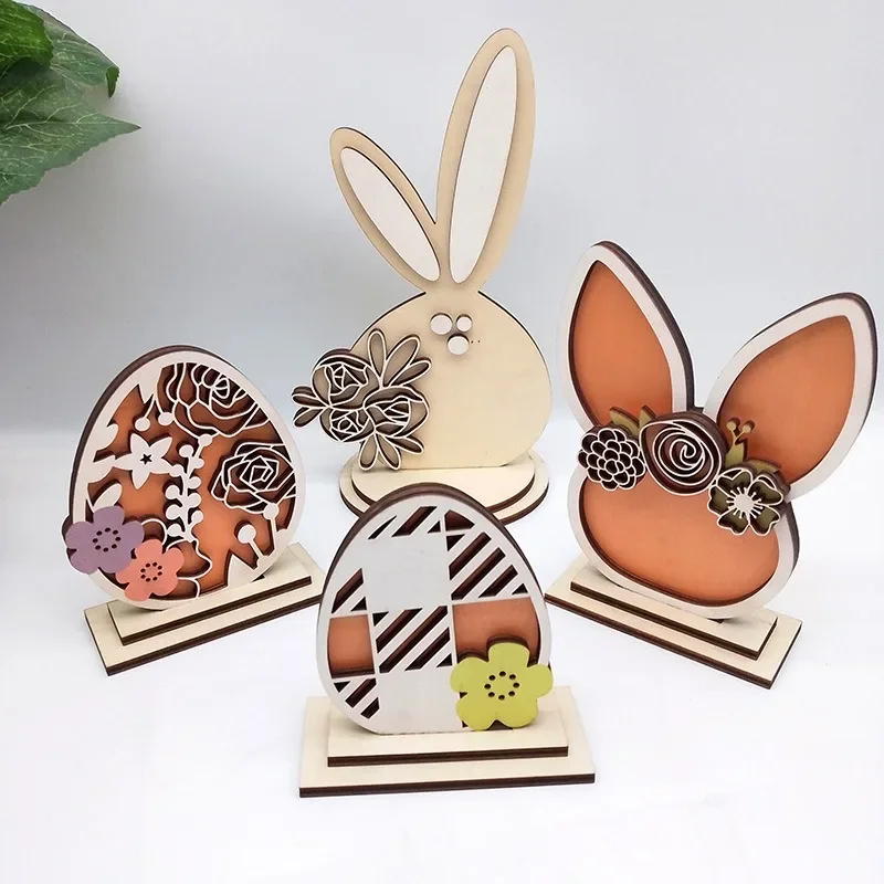 Easter Colorful Egg Wooden Ornaments Flower Bunny Rabbit Ears Easter Egg DIY Crafts Spring Festival Party For 2025 Home Decor