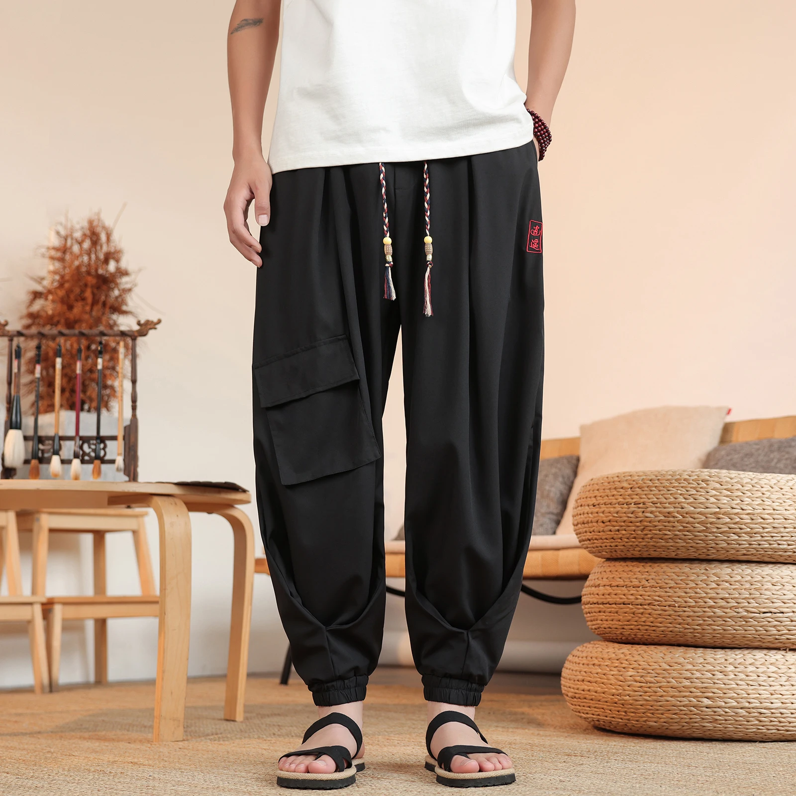 

Summer Thin Lantern Pants Men Hot sales Solid Color Casual Pants Men's Vintage Fashion Loose Harem Haori Men Sweatpant Trousers