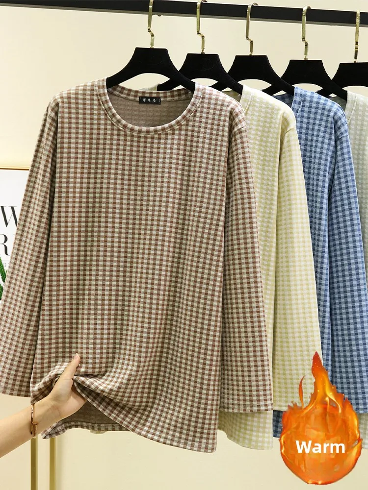 

Men's Winter Plaid Spwear Top Thiened Fce Loose Long Sve round Ne T-irt Warm Comfortable Home Clothes