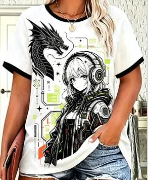 Women Cyber Mechanical Bear Girl Ringer Graphic T‑Shirt Street Hip Hop Casual Short Sleeve Tee Top