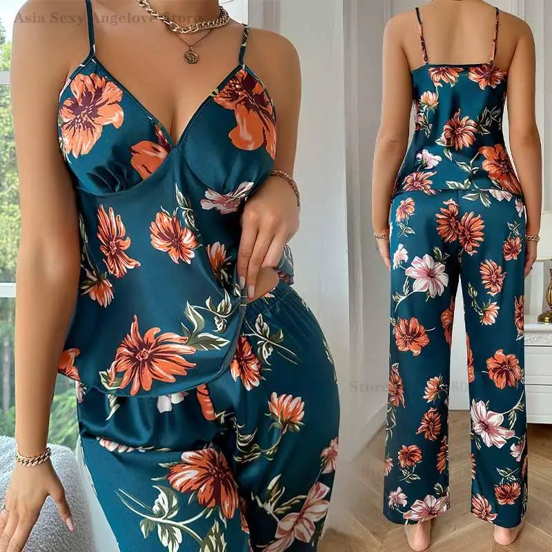 

Women Summer Print Flower Satin Pajamas Sexy 2 Pcs Strap Top &pant Home Wear Nightwear Casual Home Clothes Nightwear