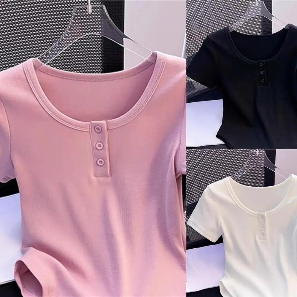 Short Sleeve TShirt for Women with Shoulder Button Accent Curved Hem V Neck Casual Summer Top Slight Stretch Fabric