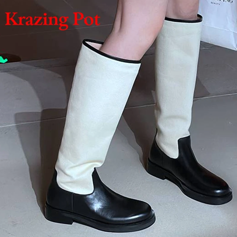 Krazing Pot Kuhle der runde Zehen Reitstiefel Med Heels Street Wear gemischte Farben Spleißen Online-Star Slip auf oberschenkel hohen Stiefeln