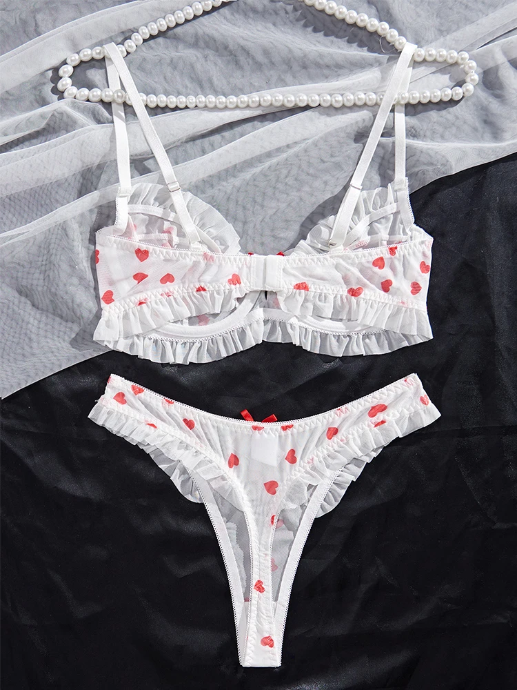 New Lingerie Sexy Woman Push Up Bra Set Love Print Mesh Underwear Romantic Ruffles Lingeries Sexy Girl Intimate Sexy Outfits
