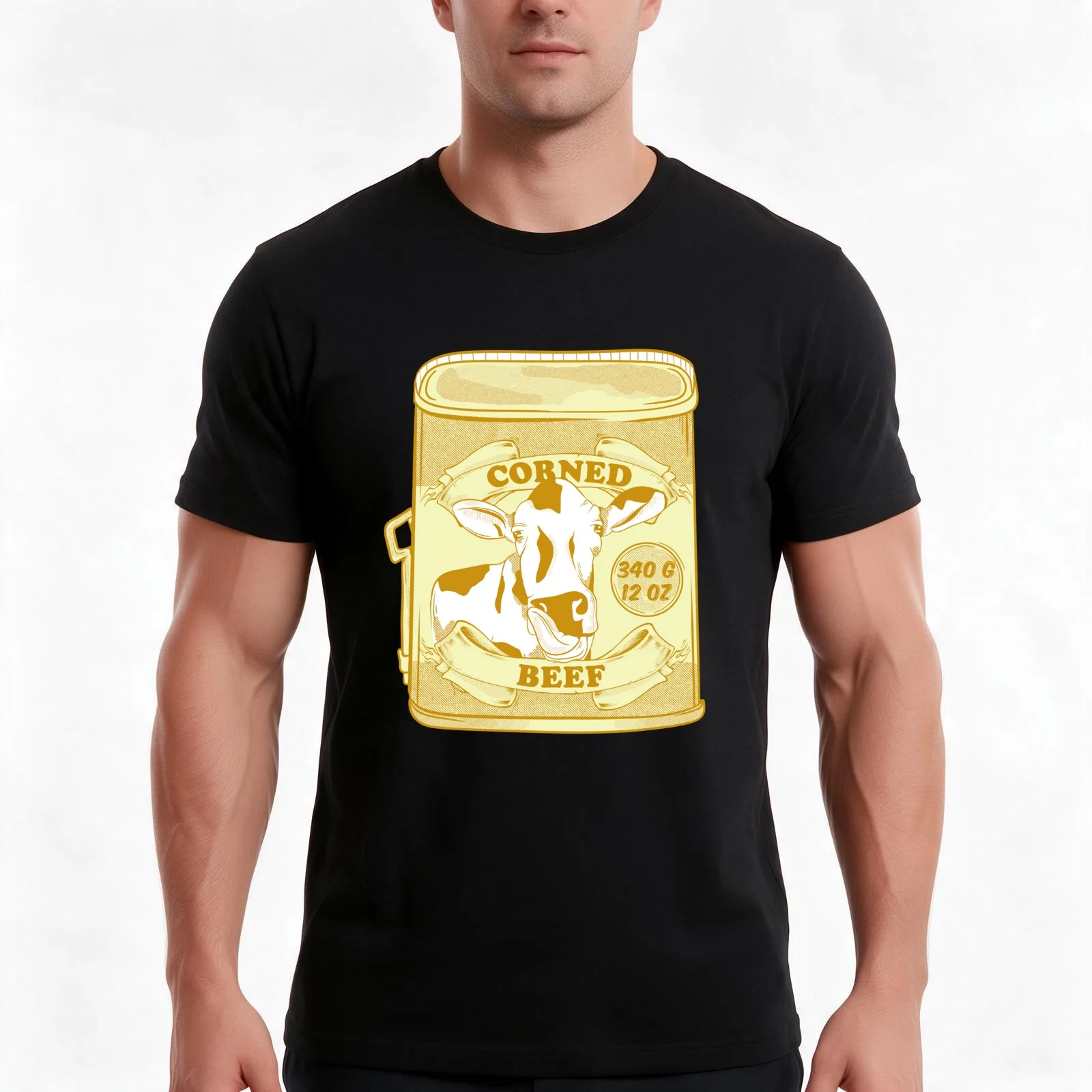 Corned Beef tin T-Shirt, Summer Casual Cotton Tee, Oversized Streetwear Tops, Vintage Graphic Print, Loose Fit Short Sleeve