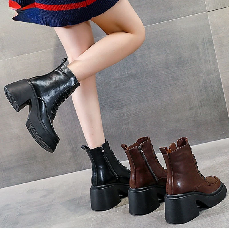 Fujin 8cm Natural Cow Genuine Leather Women Ankle Mid Calf Boots Chunky Heels Autumn Winter Warm Women Plush Booties Lady Shoes