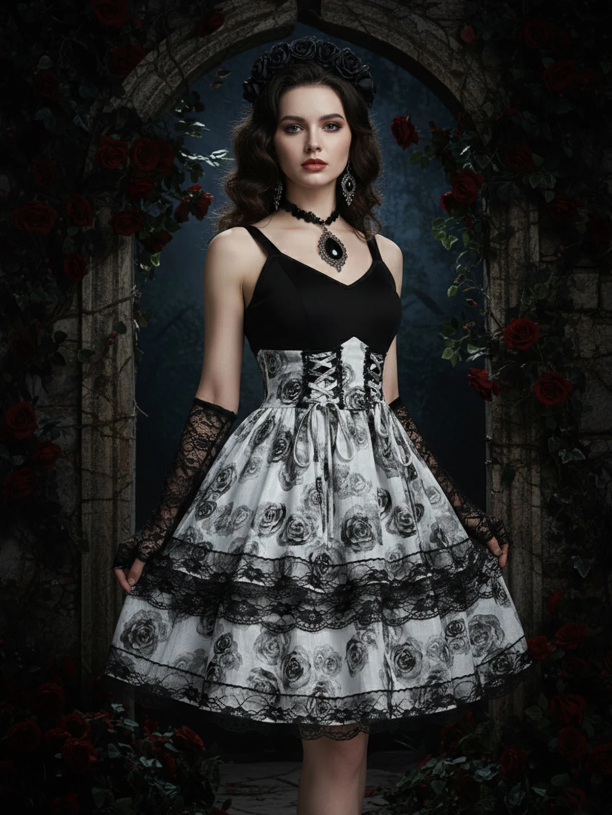 Gotisches Rosenblumen-Kleid mit Schnürung und Spitzenbesatz, Mehrlagiges A-Linien-Kleid 2026 Neues Ärmelloses Sommer-Partykleid im Punk-Stil