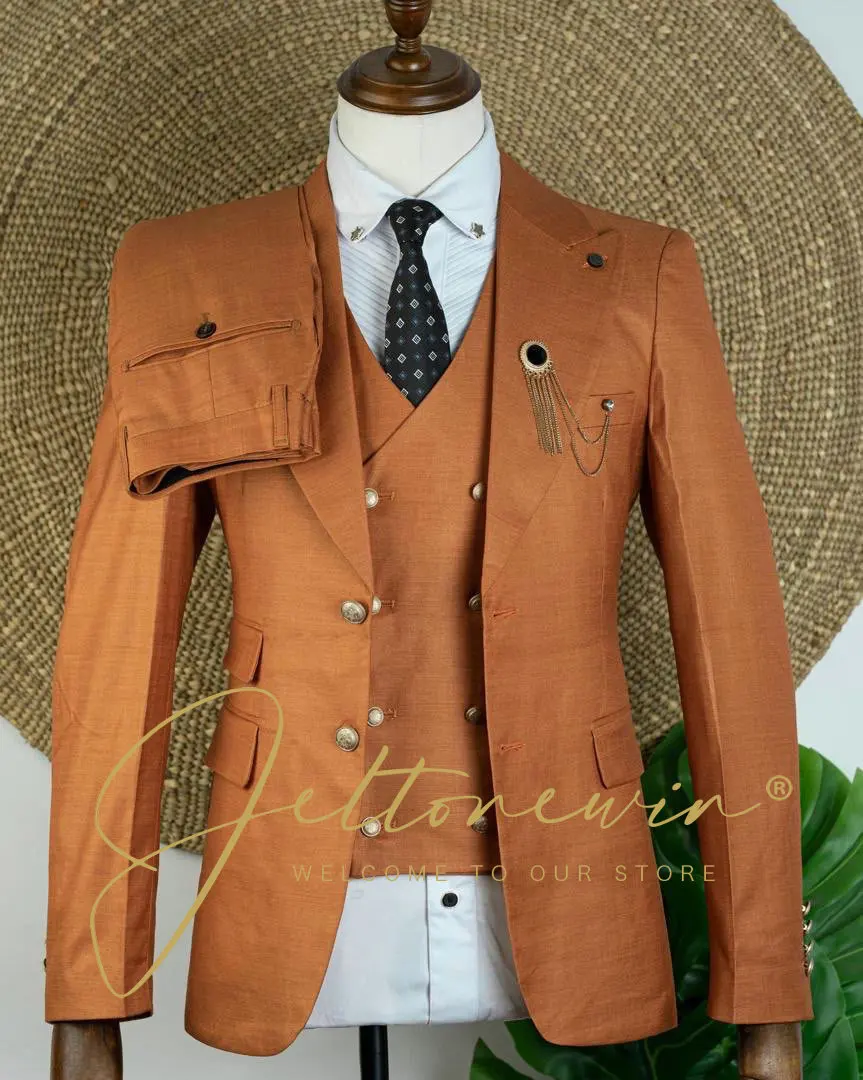 Men's Caramel Three Piece Suit with Double Button Jacket and Matching Vest Slim Fit Formal Wear for Wedding Groomsmen Party