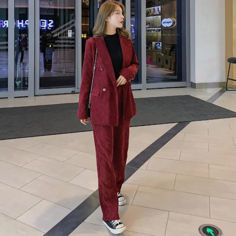 Woman\'s Retro Casual Corduroy Blazer Trousers Suit French Commuter Loose Double-breasted Suit and Wide-leg Pants Two-piece Sets