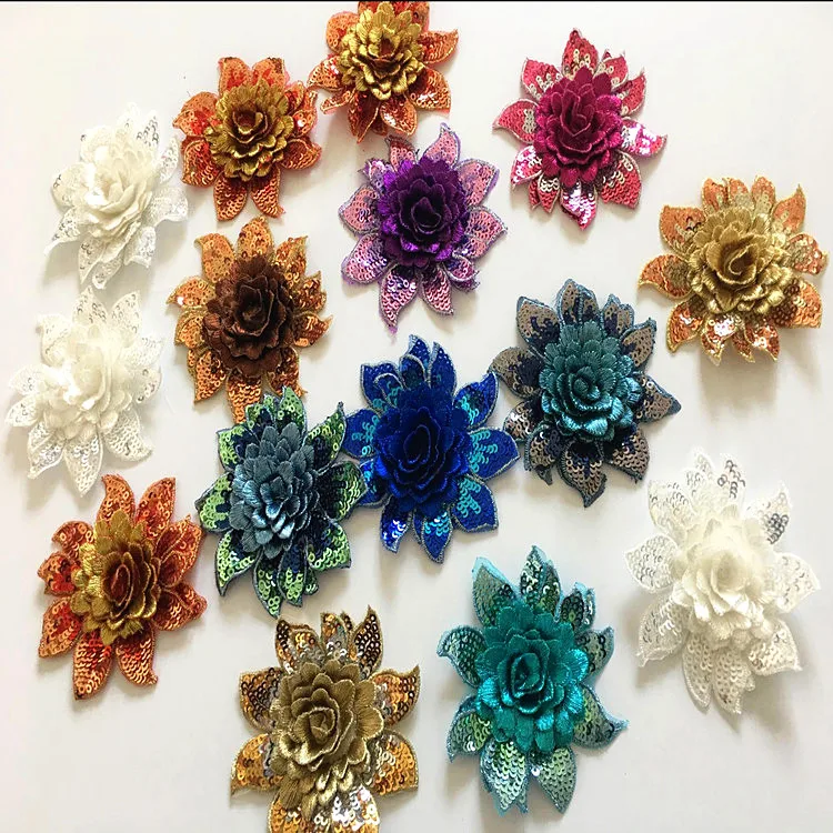 3d Sequined Embroidery Flower Appliques Trims Diy Sewing Apparel Patches For Dress 8CM