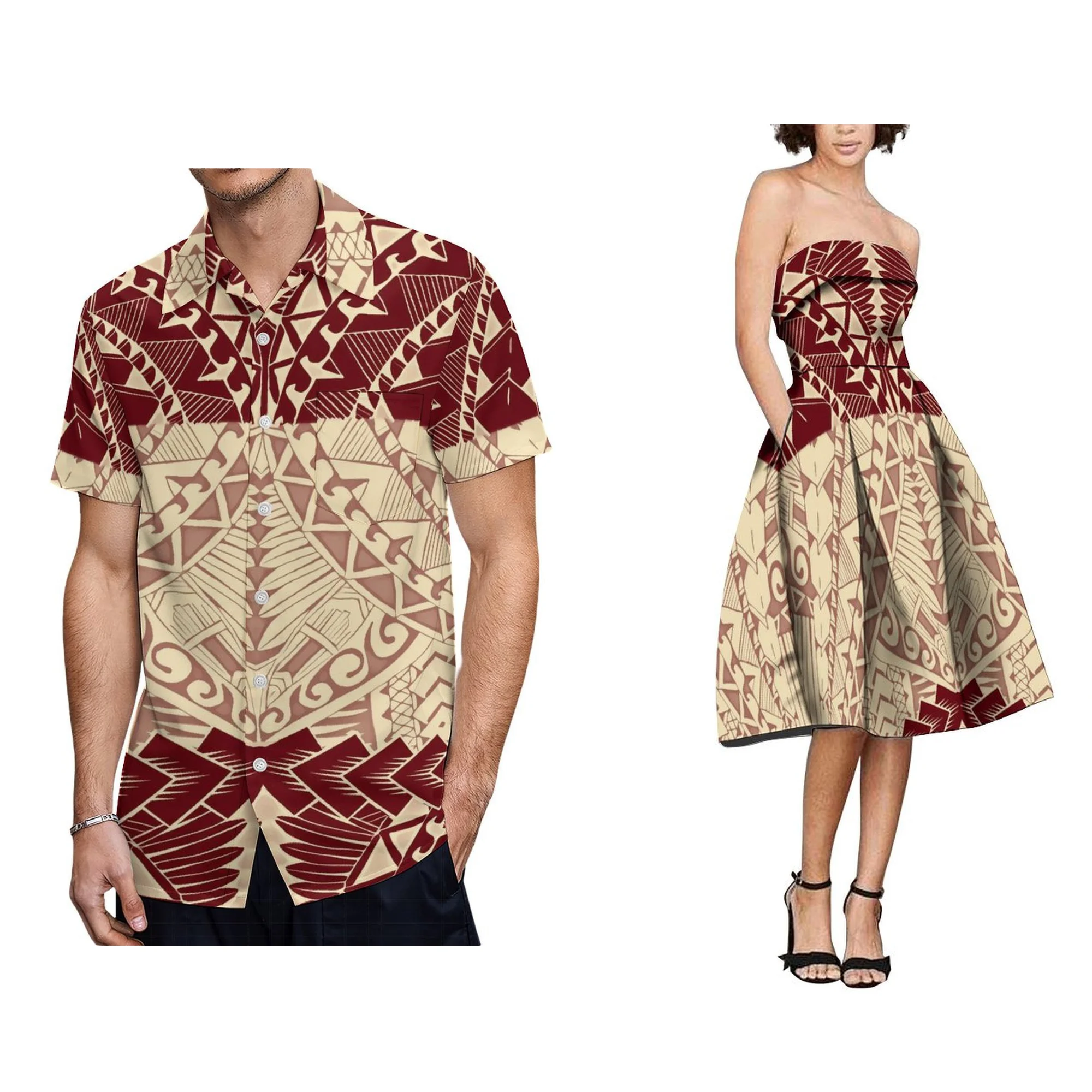 우아한 폴리네시안 사모아 부족 프린트 여성 랩 원숄더 드레스와 셔츠 2종 세트 의류