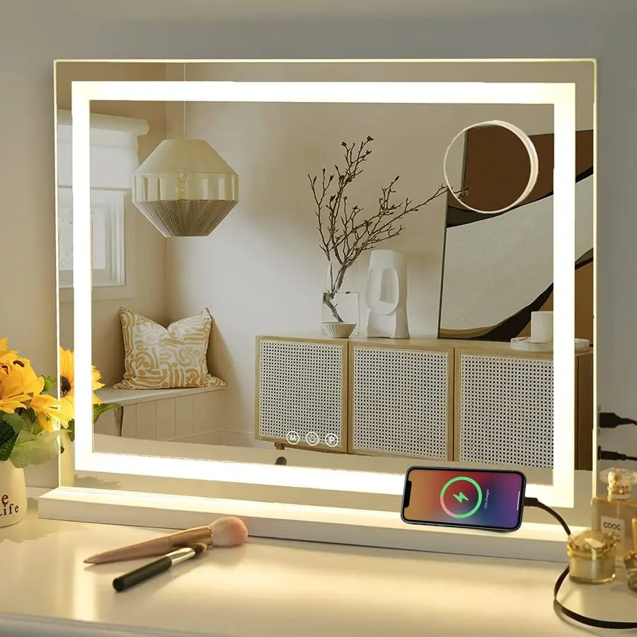 

Vanity Mirror with Lights, 23 x 18 Makeup Mirror, Hollywood Mirror with 3 Color Modes Adjustable Brightness, Detachable 10x Zoo