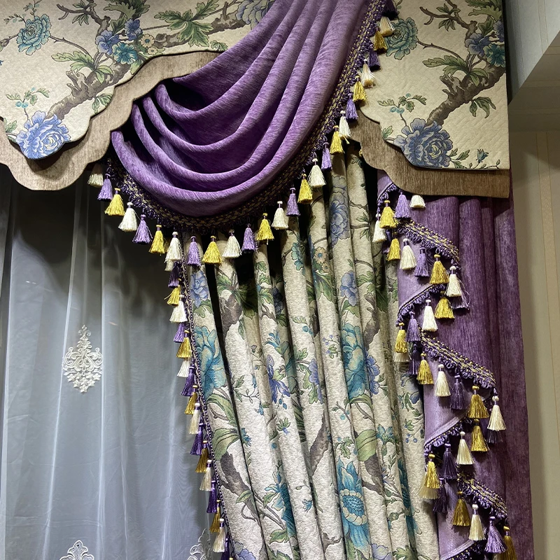 Custom Gorgeous vintage villa American purple Chenille jacquard living room  cloth valance blackout curtain tulle drape C2028