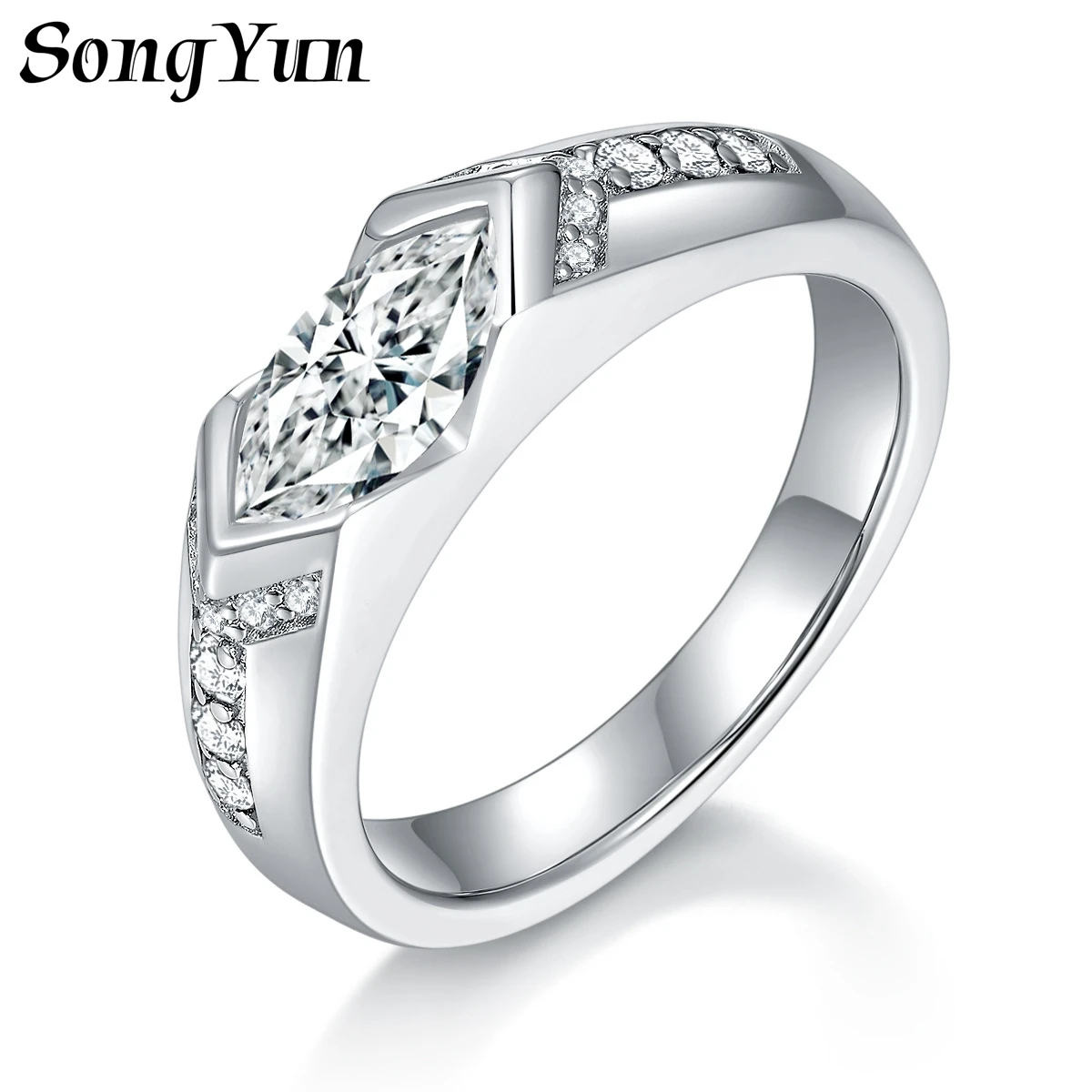 SONGYUN Moissanite Diamond Jewelry Unique Marquise 5*10mm Black White Moissanite Ring S925 Sterling Silver Plated 18K Gold