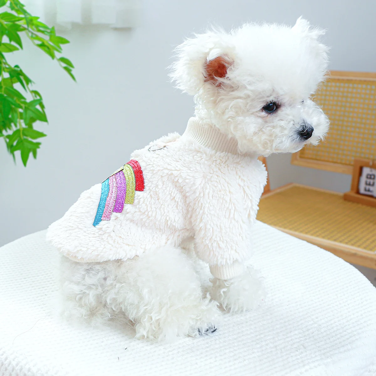 1PC Pet Clothing Dog Autumn and Winter Thickened Warm White Rainbow Pullover With Drawstring Buckle For Small Medium Dogs