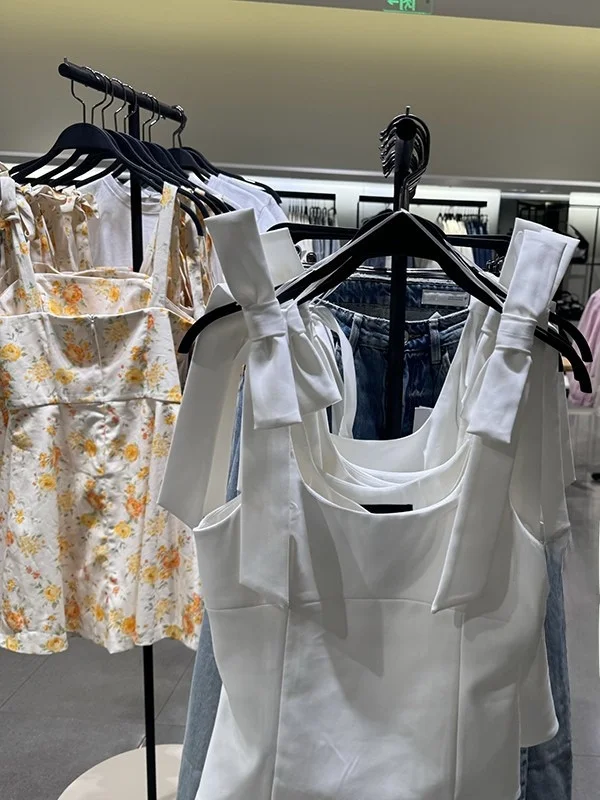 Spring New Sweet Sle Women's Top  Knot Decoration Square Collar Vest ort Length Faionable Casual Wear