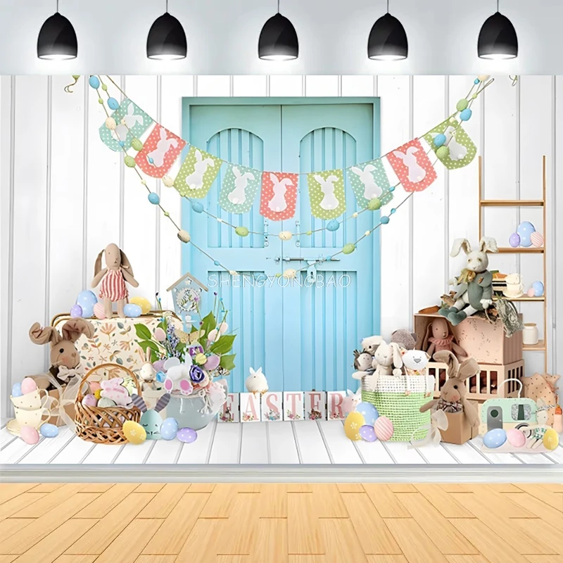 Toile de fond de photographie de jardin vert, jour de Pâques, lapin René colorés, lapin, fleur, porte en bois, bannière de portrait de bébé,