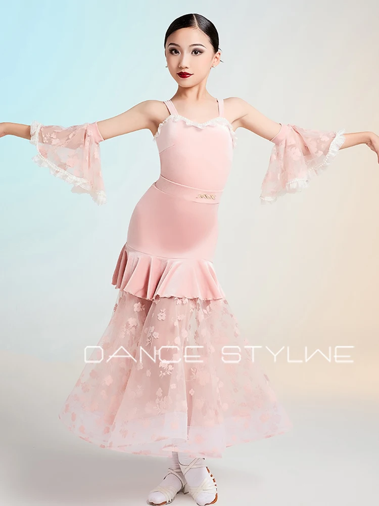 Vestido de dança de salão preto, roupas de dança modernas padrão para meninas, sem mangas, conjunto de saia, roupas de competição de valsa 2648