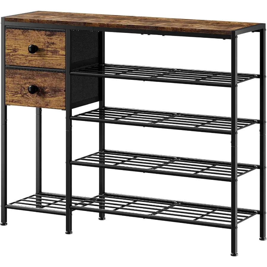 5-уровневая полка для обуви с 2 тканевыми ящиками и металлическим каркасом с дизайном деревянной доски для организации 16–20 пар обуви Идеально подходит