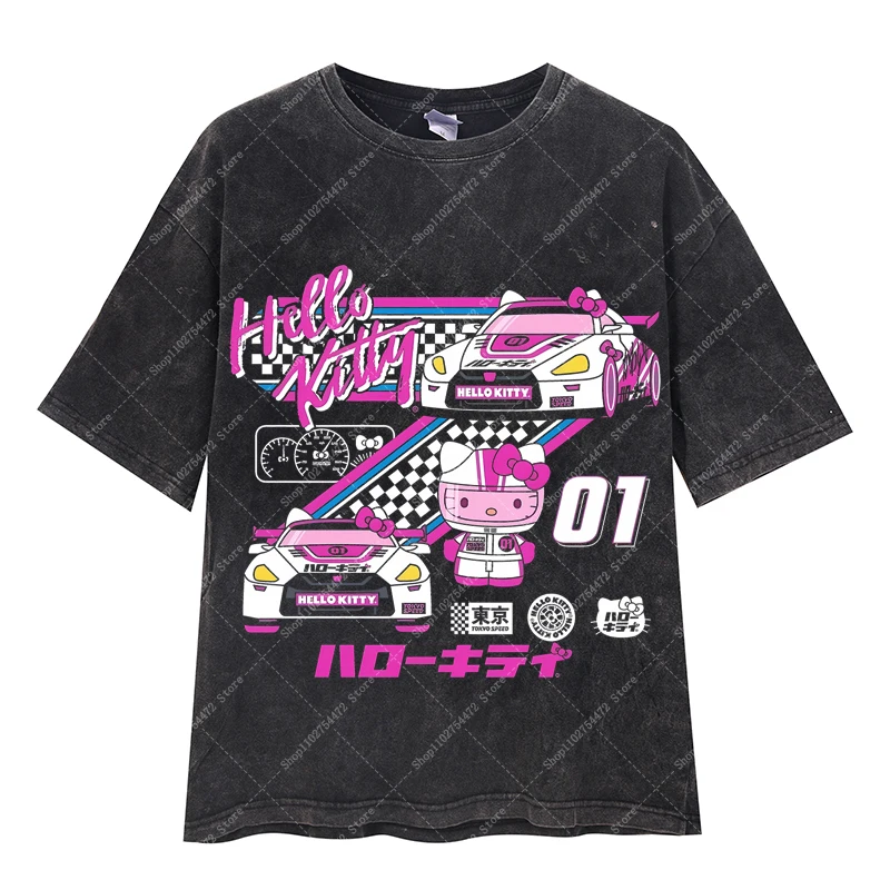 مرحبا كيتي الكبار خمر غسلها تي شيرت الصيف ملابس النساء أنيمي تي شيرت مطبوع فتاة قصيرة الأكمام كارتون لطيف تي شيرت 2025