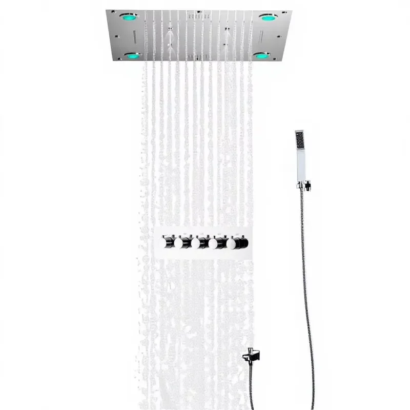 Music Chrome Polished Stainless Steel Modern 24-Inch Square LED Thermostatic Rain Waterfall Mist Hand-held 4-Function Shower