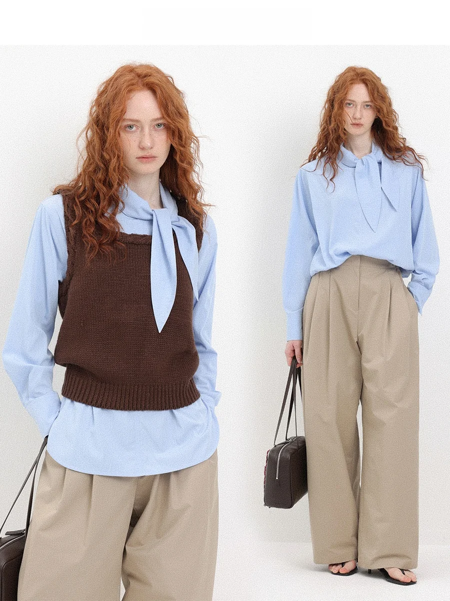 

Синяя женская блузка с длинным рукавом и воротником-кроликом, свободного кроя, стройнящая, универсальная, для ранней весны, повседневная, модная, в стиле ретро