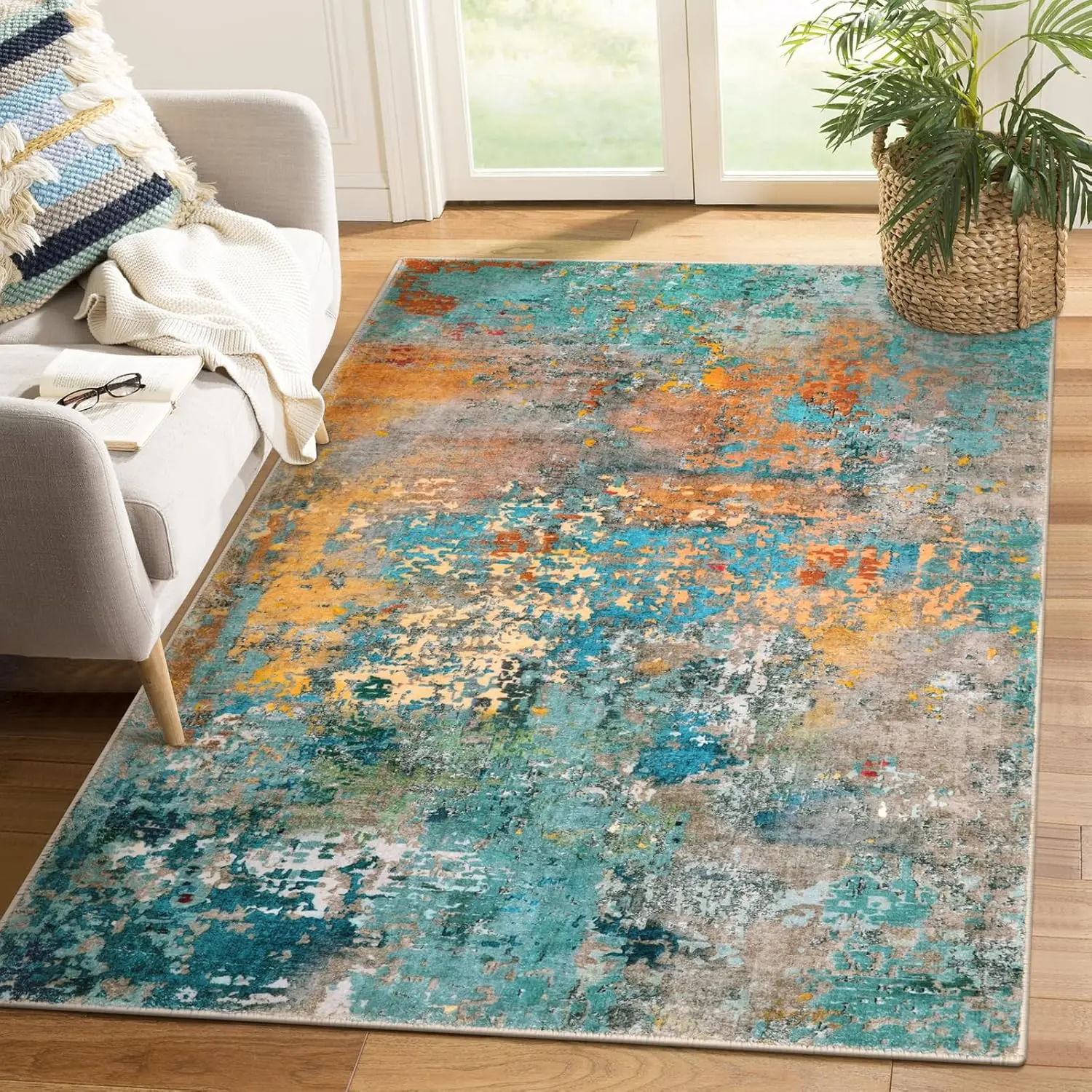 

LISM Green Abstract Rugs for Bedroom Living Room Hallway Entryway Dorm Washable Modern Carpets Floor Mat Playroom Indoor Doormat