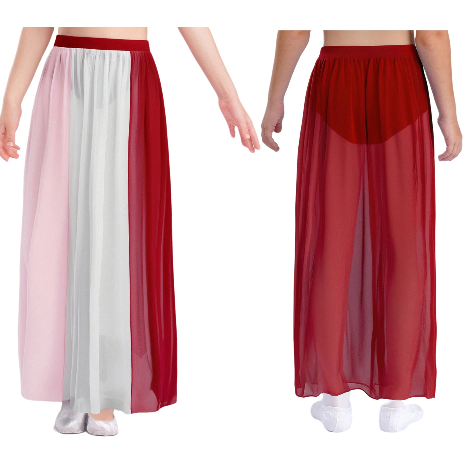 

Girls Lyrical Modern Dance Costume Elastic Waistband Split Flowy Chiffon Skirt with Built-in Briefs for Ballet Latin Dance Show