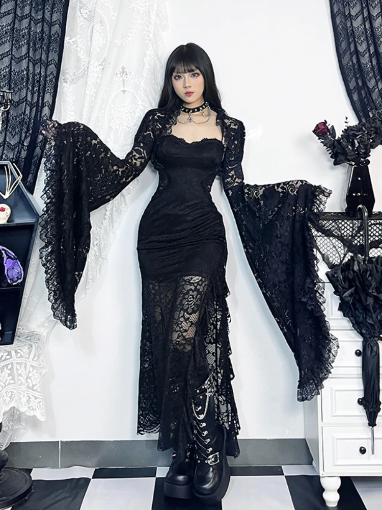 Gothic Classic Lace Cover Ups Women Mesh Crop Top See Through Sexy Flare Sleeve Blouse Y2k Black Rave Outfit Festival