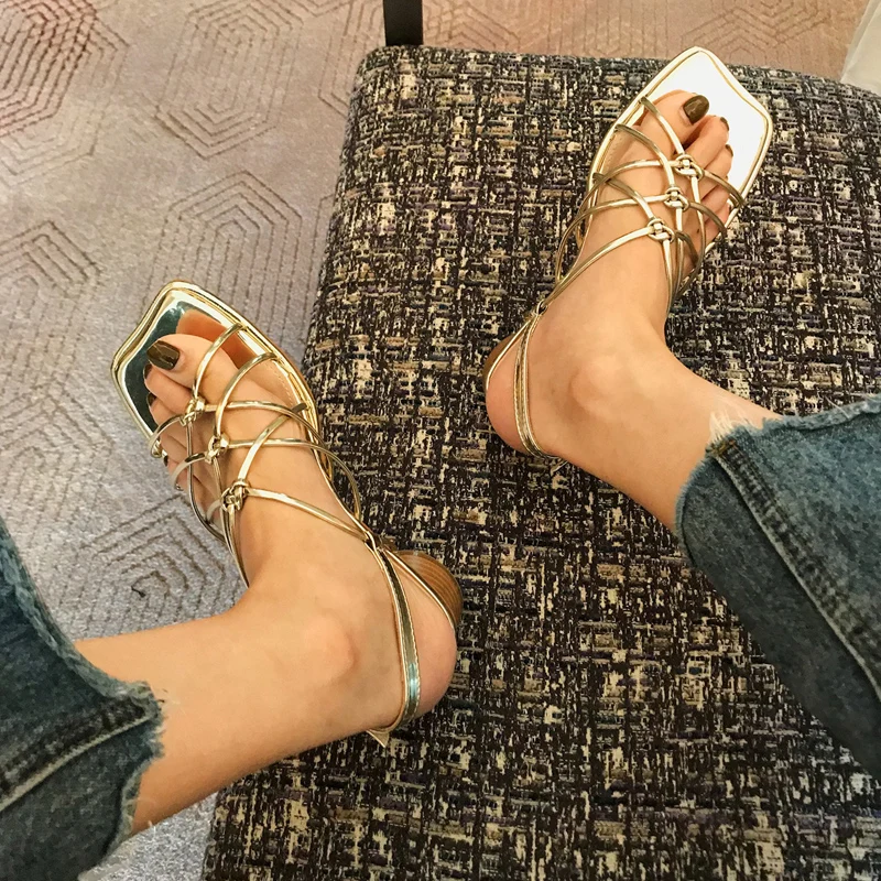 Elegant Braided Square Toe Sandals Women Brand Design Strap Weave Heeled Mule Sandalias Ladies Gold Silver Summer Shoes