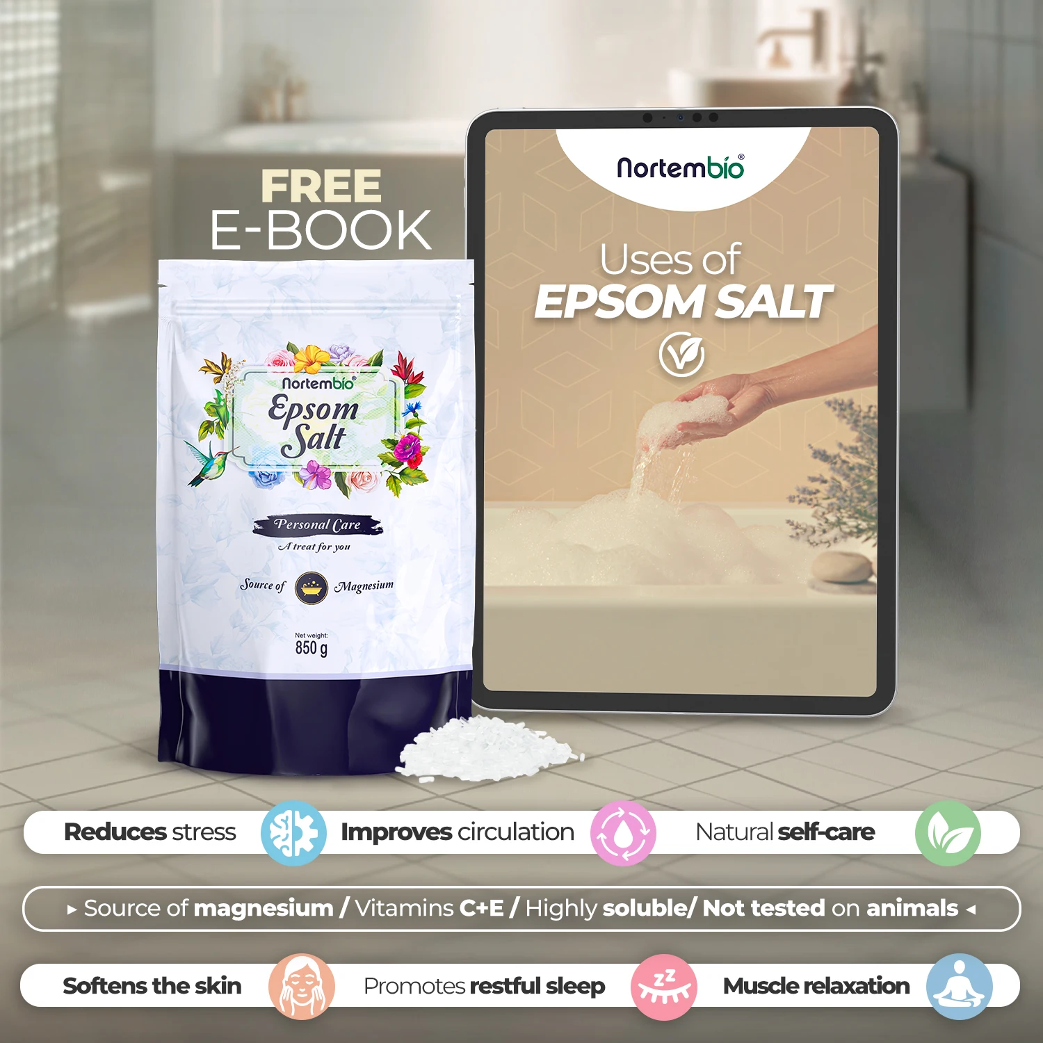 Nortembio 100% pure epsom salts 700g |   Concentrated source of magnesium |   For sensitive skin |   Without additives