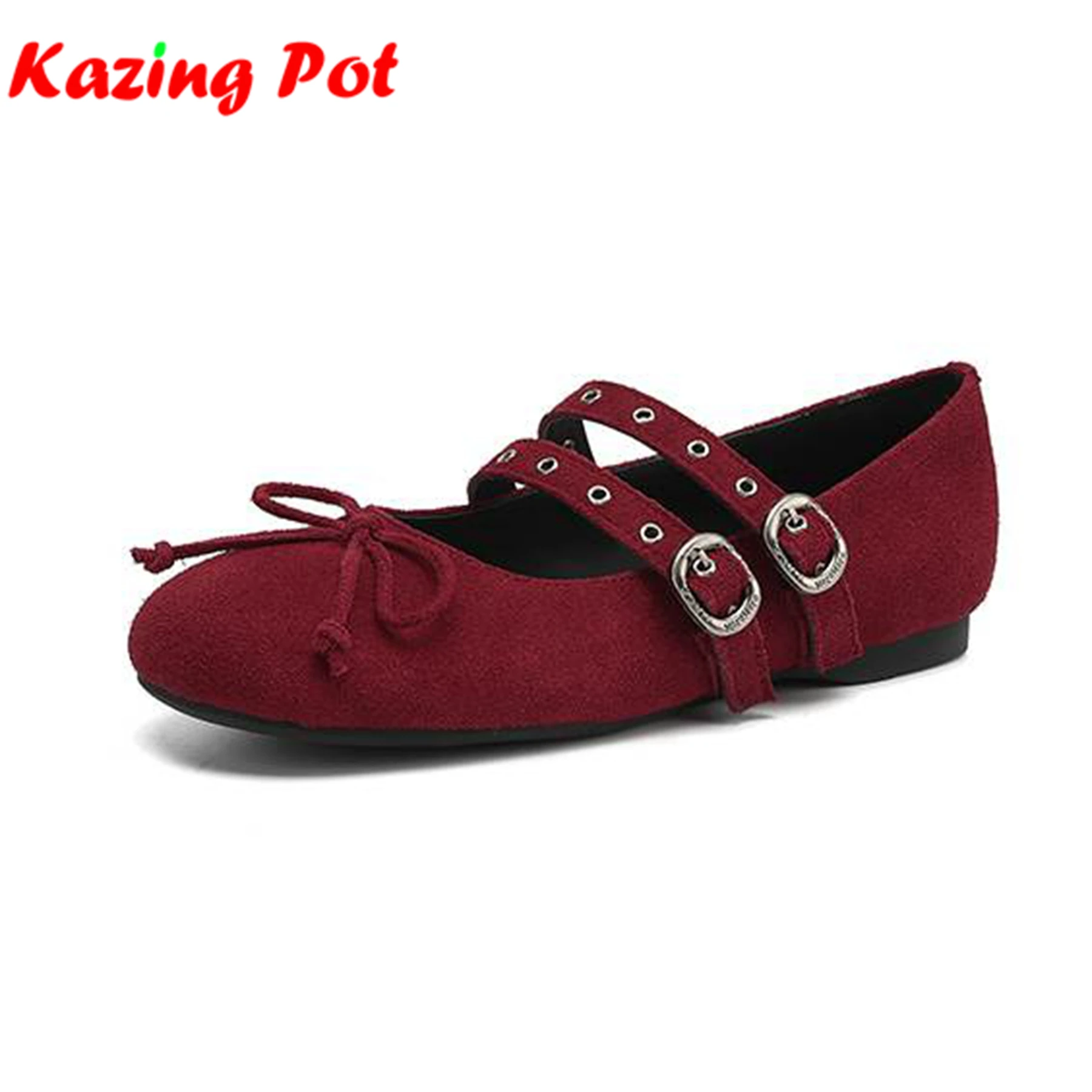 Krazing Pot Vintage Ins Cow Suede Round Toe Women Summer Modern Street Wear Ballet Dancer Shallow Red Butterfly-knot Cozy Flats