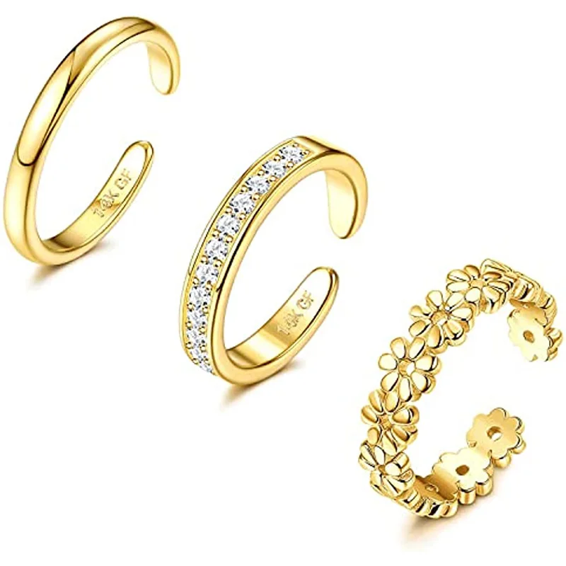 Juego de 3 Anillos de Dedo del Pie Rellenos para Mujer, Chapado en Oro de 14K, Ajustable, Anillo de Flor Simple con Circonita Cúbica, Joyería de Playa para Verano