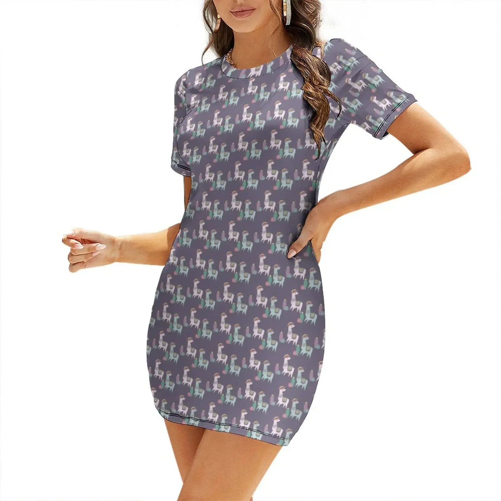 Alpaca Pattern Pattern Purple Cute Alpaca Short-Sleeved Dress Party dresses Clothing dress summer dress party night