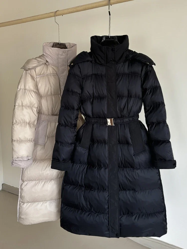 Elegant High-End Down Jacket Women Winter Fashion High Waist With Belt Hooded Thicken Loose Long 90 White Duck Puffer Coat Burst