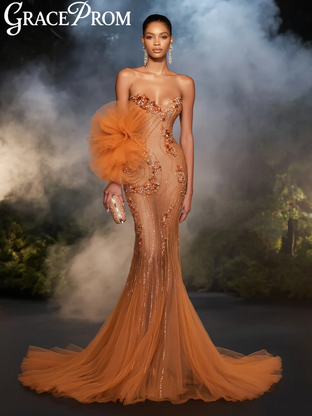 

Orange Illusion Beaded Mermaid Evening Dress Luxurious Tulle Floor-length Wedding Party Gown Customized Strapless Prom Dresses