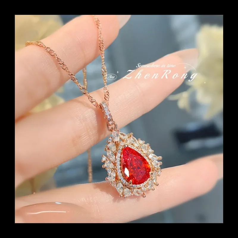 غروب الشمس البرتقالي فانتا الماس الكلاسيكية الأميرة ديانا قطرة الماء قلادة ضوء أزياء فاخرة بسيطة الصينية الأحمر عالية الكربون الماس #4