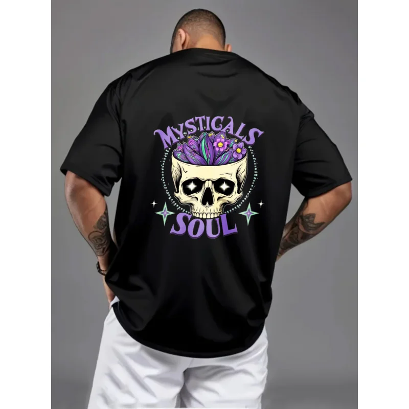 

Мужская футболка черная Mystical Soul Skull с цветочным принтом и текстом, хлопок высокого качества, 180 г