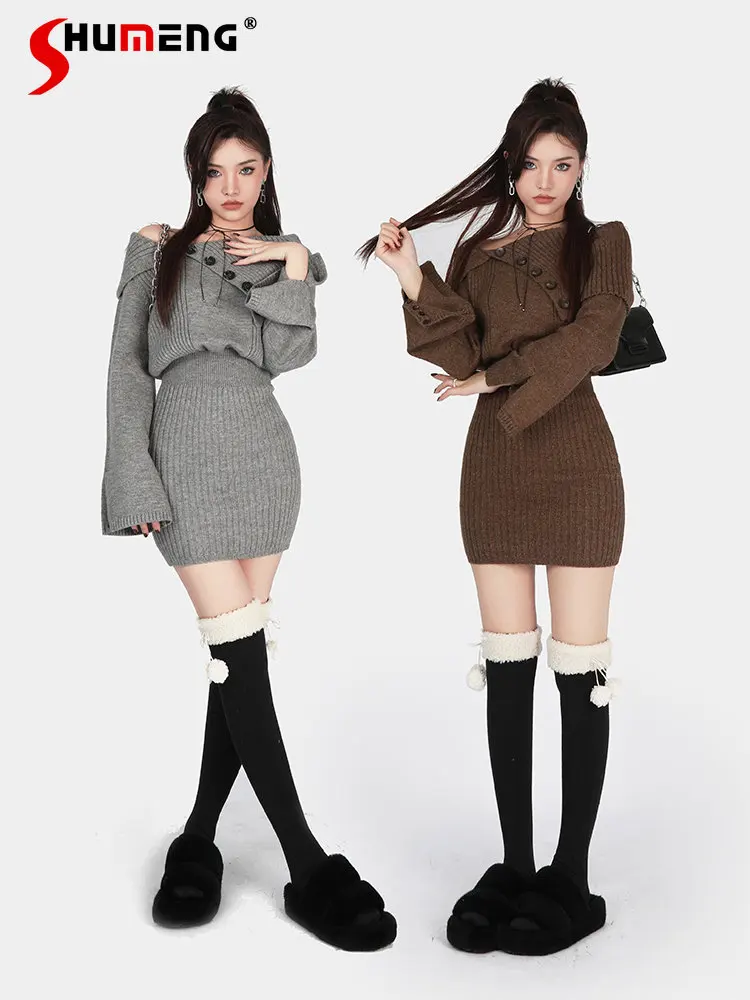 

Original Asymmetric Lapel Off-the-Shoulder Woolen Dress 2023 Winter New Sweet Woman Diagonal Collar Waist Hip Knitwear Dresses